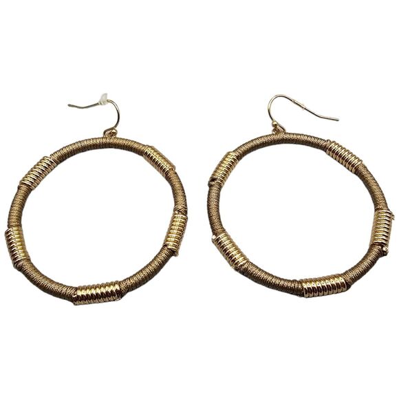 Pierced Earrings Artisan Hoop Mixed Material Beige Textile Cord Gold Tone Metal - Picture 2 of 6